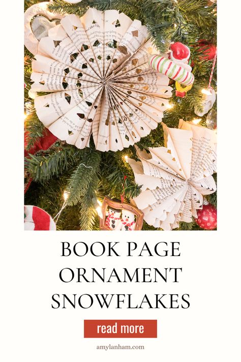 Book Page Snowflakes Diy, Book Page Christmas Ornaments Diy, Book Theme Christmas Tree, Book Page Christmas Decorations, Paper Bag Snowflake Patterns Templates, Book Page Snowflakes, Book Page Christmas Ornaments, Diy Book Ornaments, Book Page Ornaments Diy