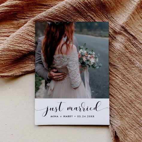 $3.03 | Just married Elegant announcement photo card - we eloped, just married, we got married, surprise wedding, modern, simple, typography, wedding announcement, marriage announcement, elopement Bride And Groom Images, Wedding Announcement Cards, Marriage Announcement, Elopement Announcement, Surprise Wedding, Wedding Announcement, Wedding Party Supplies, Romantic Design, Announcement Cards