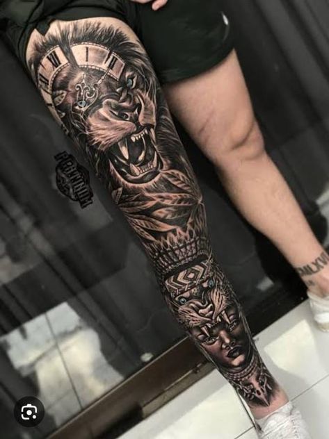 Thigh Sleeve Tattoo, Upper Leg Tattoos, Tato Tradisional, Tiger Tattoo Sleeve, Best Leg Tattoos, Full Leg Tattoos, Realistic Tattoo Sleeve, Circle Tattoos, Tattoo Inspiration Men