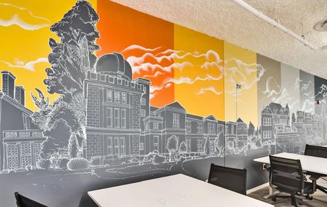 100+ Office Wall Design Ideas to Increase the productivity Office Wall Graffiti, Wall Murals For Office, Corporate Office Wall Art, Office Wallpaper Ideas Corporate, Corporate Wall Mural, Office Mural Design Work Spaces, Company Wall Design, Corporate Mural, Office Mural Design