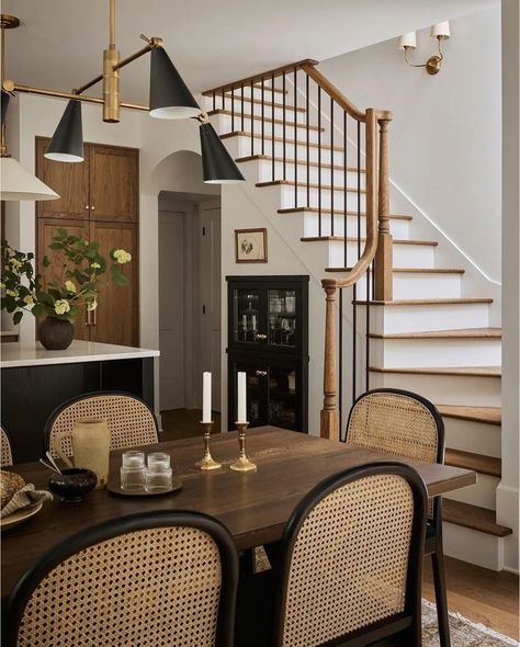 Dark Wood Floor Dining Room Ideas, Staircase In Dining Room, Moody European Interiors, Dining Room Black Chairs, Modern Traditional Dining Room, Home With Character, Timeless Interior Design, Townhouse Interior, Black Rooms