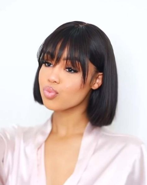 Black women hairstyles with bangs can make you become more beautiful and confident. Many black women use to prove if this hairstyle will look pretty stunning. No wonder you are encouraged to apply ... #hairstyleideas #hairstyle #cutehairstyle Bangs Bob Black Women, Black Bob Hairstyles With Bangs, Black Women Bang Hairstyles, Bang Bob Hairstyles For Black Women, Short Hair With Bangs Black Women, Bob With Bangs Black Women, Bang Black Women, Wig With Bangs Black Women, Bob Bangs Hairstyles