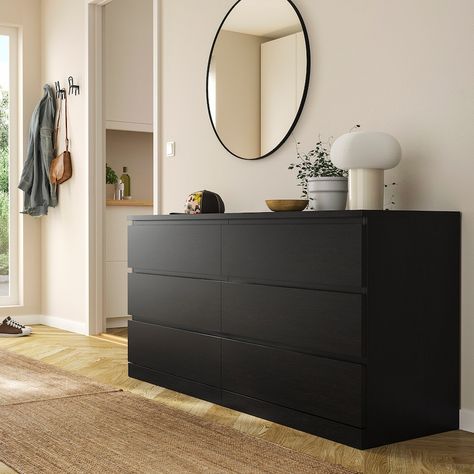 MALM 6-drawer dresser, black-brown, 63x303/4" - IKEA Black Ikea Furniture Bedroom, Black Furniture Interior Design, Black Dresser Bedroom Decor, Black Room Furniture, Bedroom Inspo Black Furniture, Black Drawers Bedroom, Black Malm Bedroom Ideas, Black Dressers Bedroom, Black Accents Bedroom