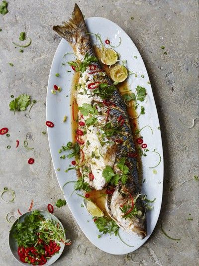 Steamed Sea Bass Asian Style | Fish Recipes | Jamie Oliver Recipes Whole Fish Recipes, Sea Bass Recipes, Enjoy Your Meal, Steamed Fish, Jamie Oliver Recipes, Healthy Fish, Sea Bass, Calamari, Jamie Oliver