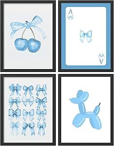 Hxlac Blue Cherry Bow Wall Art Prints Set of 4 Unframed - Blue Preppy Wall Decor, Coquette Cherry Poker Balloon Dog Preppy Teen Girl Dorm Room Decor, Preppy Coquette Room Decor(12x16 Inches) Girl Dorm Room Decor, Wall Decor Coquette, Preppy Teen Girl, Dog Preppy, Girl Dorm Room, Preppy Wall Decor, Preppy Teen, Room Decor Preppy, Coquette Cherry