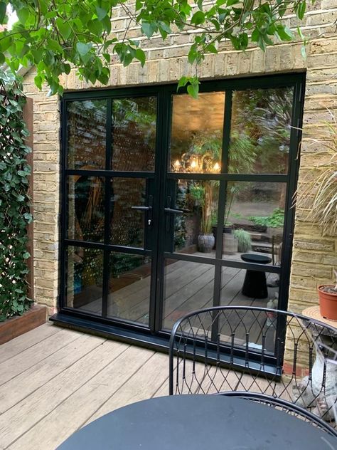 Aluminium French door from the Heritage Smart system French Doors Patio Exterior, Black French Doors, Crittal Doors, Aluminium French Doors, Steel Doors And Windows, Window Company, French Doors Exterior, French Doors Patio, House Extension Design