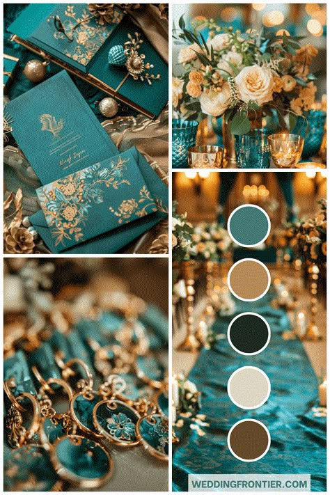 Colour Combinations For Weddings, Wedding Colors With Turquoise, Turquoise And Red Wedding Theme, Hindu Wedding Color Schemes, Color Combination With Gold, Best Wedding Colours Combination, Teal Gold And White Wedding, Colorful Wedding Theme Ideas, Destination Wedding Colours