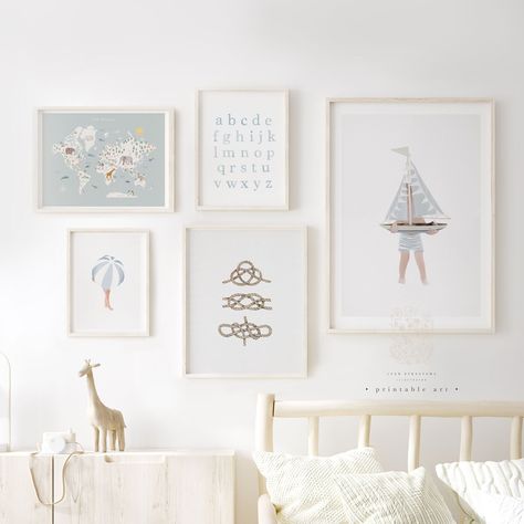 Baby Boy Art Nursery, Nursery Art Gallery Wall, Nautical Themed Nursery, Nantucket Nursery, Coastal Nursery Boy, Nursery 2024, Boy Nursery Artwork, Nautical Gallery Wall, Baby Room Artwork