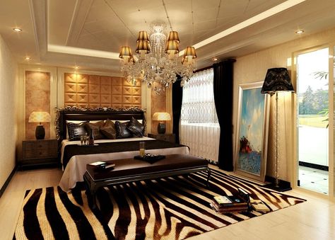 Zebra Print Bedroom, Zebra Bedroom, Exclusive Bedroom, Gold Bedroom Decor, Neutral Bedrooms, Modern Bedroom Interior, Gold Bedroom, Elegant Chandeliers, Bedroom Ceiling