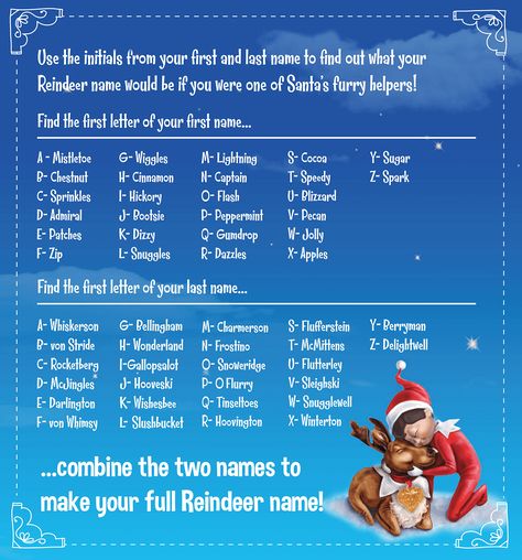 What would your name be if YOU were one of Santa's Elf Pets Reindeer? | Elf Name Generator | Elf on the Shelf Ideas | Elf Pets Reindeer Elf Pets, Elf Names, Reindeer Names, Kids Christmas Party, Christmas Names, Party Names, Holiday Games, Diy Simple, Name Ideas