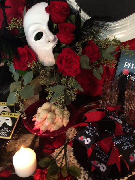 Phantom Of The Opera | CatchMyParty.com Phantom Of The Opera Centerpieces, Phantom Of The Opera Decor, Phantom Of The Opera Party Ideas, Phantom Of The Opera Prom, Phantom Of The Opera Party, Phantom Masquerade, Masquerade Aesthetic, Cocktail Party Ideas, Opera Wedding