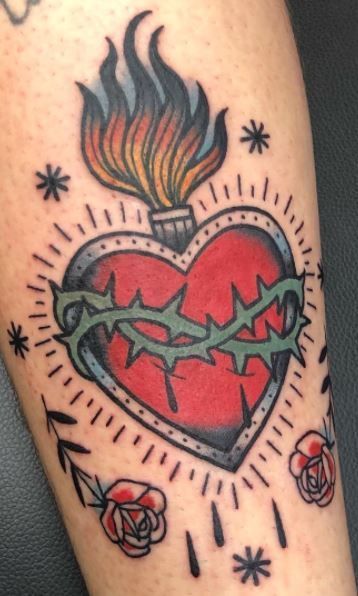 << Check out more Sacred Heart Tattoos and Ideas #tattoomenow #tattooideas #tattoodesigns #tattoos #divine #sacredheart #christian #religious #immaculateheart #traditional Trad Sacred Heart Tattoo, American Traditional Sacred Heart Tattoo, Traditional Christian Tattoo, American Traditional Heart Tattoo, Traditional Sacred Heart Tattoo, Mexican Heart Tattoo, Sacred Heart Tattoo Traditional, Sacred Heart Tattoo Design, Traditional Heart Tattoos