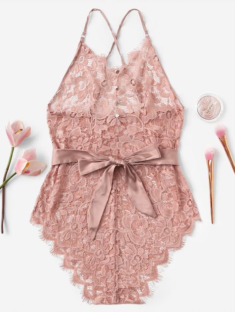 Criss Cross Belted Floral Lace Teddy Bodysuit -SheIn(Sheinside) Lace Bralette Outfit, Bralette Outfit, Teddy Bodysuit, Body Suit Outfits, Satin Lingerie, Cute Lingerie, Lingerie Outfits, Dreamy Dress, Dolce E Gabbana