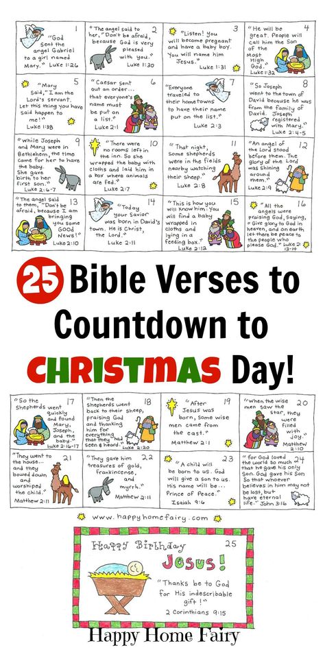 25 Bible Verses to countdown to Christmas with kids! Each card is written with a short and simple verse from the Christmas story about Jesus' birth! Perfect for Advent calendars or for your Elf on the Shelf to deliver each day!!! Nursery Curriculum, Countdown For Kids, Happy Home Fairy, Mops Crafts, Christmas Verses, Jesus Birth, Children Church, Christmas Spectacular, Christ Centered Christmas