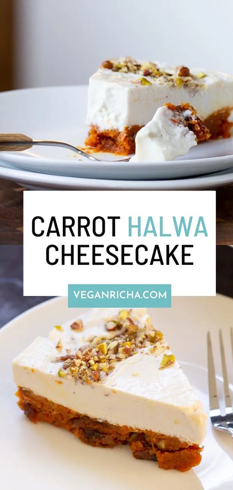 This carrot cheesecake is grain-free and doesn’t need to be baked at all! You make the carrot halwa crust in a pan on the stove and the cheesecake mixture in your blender. Instead of baking, you chill this cake to set it up, then slice and serve. Cheesecake Mixture, Vegan Carrot Cake Recipe, Carrot Cheesecake, Carrot Halwa, Vegan Gluten Free Desserts, Meals Of The Day, Carrot Cake Cheesecake, Baked Carrots, Cake Cheesecake