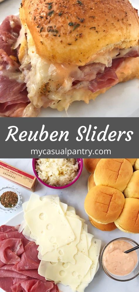 Reuben Sliders - savory corned beef, swiss cheese, sauerkraut, and Thousand Island dressing layered on small rolls. Baked in a casserole dish, these sliders are family-friendly and feed a crowd. Reuben Sliders, Classic Reuben Sandwich, Dinner Menu Ideas, Slider Sandwiches, Dinner Thanksgiving, Homemade Sandwich, Thanksgiving Menu Ideas, Thousand Island, Thanksgiving Dinner Menu