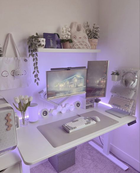 Gaming setup pc computer aesthetic minimalistic white Aesthetic Computer, Games Room Inspiration, Gaming Desk Setup, Cozy Desk, Gamer Room Decor, Video Game Room Design, White Desk, Bedroom Setup, Dekorasi Kamar Tidur