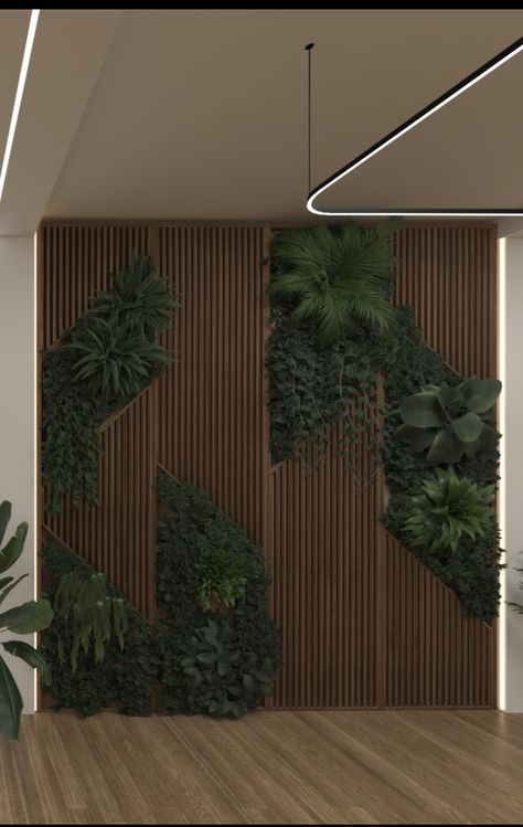 Coworking Wall Design, Wooden Wall Panels With Lights, Green Salon Aesthetic, Biophilic Living Room, Mos Wand, Living Room Panelling, Theater Architecture, Dental Office Design Interiors, Hair Salon Interior