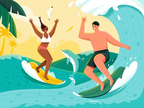 Good Times_Summer Surf by Unini Surf Illustration Graphic Design, Surfing Illustration, Surf Illustration, Surfing Graphic, Commercial Illustration, Illustration Reference, Merry Christmas Family, Romantic Times, Black And White Comics