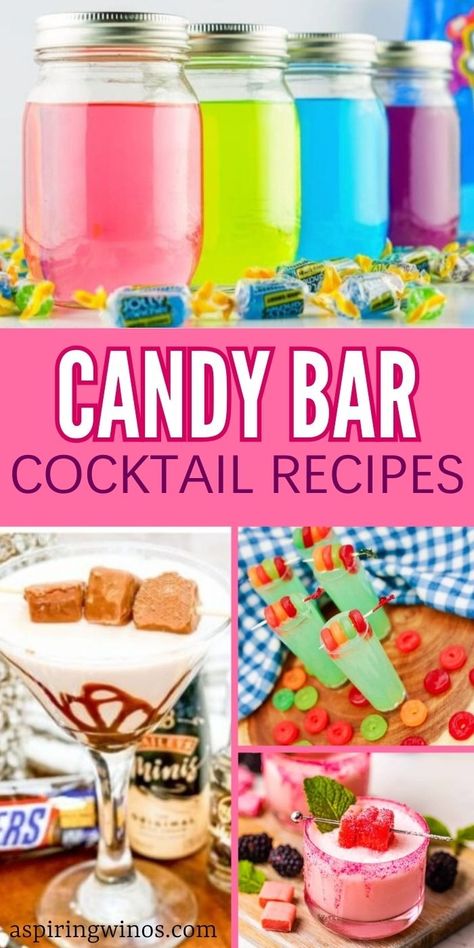 Candy Themed Cocktails, Candy Drinks Alcohol Recipes, Candy Cocktail Recipes, Bar Drink Ideas, Sweet Cocktail Recipes, Boozy Candy, Campout Ideas, Candy Alcohol Drinks, Alcohol Candy