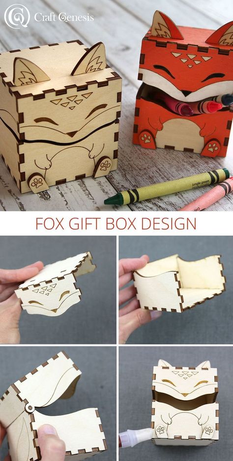 Laser-cut fox gift box DIY!  Perfect for parties & gifts.  Create adorable boxes & storage. #lasercutting #DIY #giftbox #fox #partyfavors #handmade #crafts Wood Laser Ideas, Diy Laser Cut, Laser Cut Decor, Laser Cut Box, Idee Cricut, Boxes Storage, Laser Cut Wood Crafts, Fox Gift, Laser Engraved Ideas