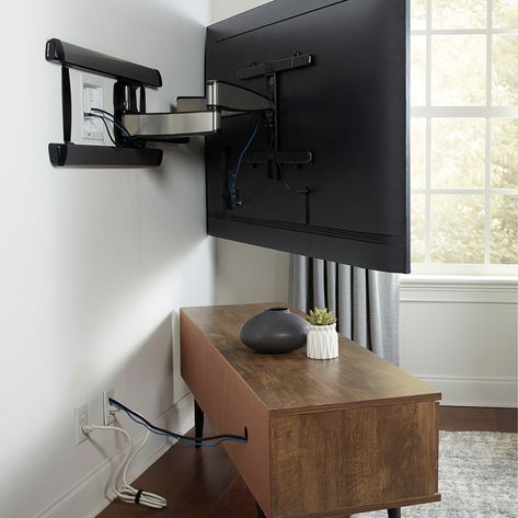 Hidden Wires Mounted Tv, Tv Wall Cable Management, Hidden Tv Cables, Hiding Tv Cords On Wall Without Holes, High Mounted Tv, Tv Cable Hiding Ideas, Office Tv Wall Design, Mounted Tv Decor Living Room, How To Hide Tv Cords Mounted Tv