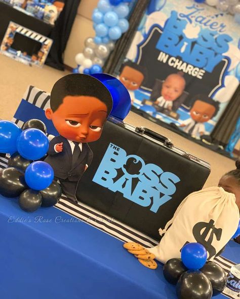 Boss Baby 1st Meeting | CatchMyParty.com Boss Baby Birthday Party Boy Cake, Boss Baby Centerpieces Boy, Boss Baby Birthday Party Boy Decorations, Boss Baby 1st Birthday Boy, Boss Baby Centerpieces, Boss Baby Birthday Party Boy, Baby Birthday Party Ideas, Boss Baby Birthday Party