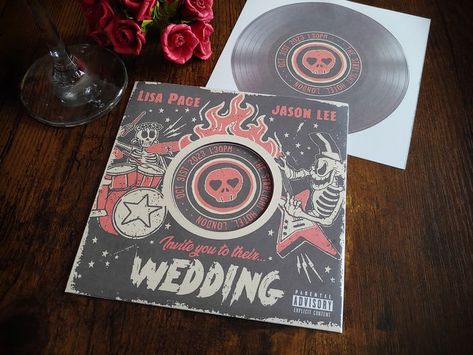 Personalised Rockabilly, Rock Album Record Inspired Wedding Invite, Invitation, RSVP & Guest Information with envelopes. Edgy Wedding, Rock Wedding, Psychobilly, Vegas Wedding, Wedding Invite, Wedding Favours, Frankenstein, Music Lovers, Engagement Party