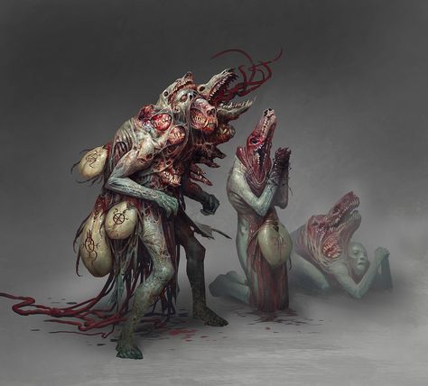 Mongrel Supplicants, mike franchina on ArtStation at https://www.artstation.com/artwork/EVa5G8 Mike Franchina, Futurisme Retro, Cosmic Horror, 다크 판타지, Call Of Cthulhu, Fantasy Monster, Wow Art, Creepy Art, Monster Design