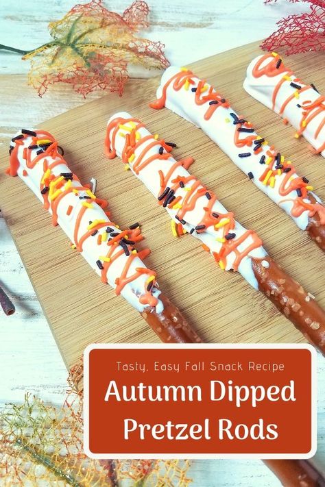 Orange Pretzel Rods, Chocolate Dipped Pretzels Fall, Fall Themed Pretzel Rods, Thanksgiving Pretzel Rods, Halloween Pretzels Rods, Fall Recipes Snacks, Cutie Theme, Pumpkin Pretzels, Halloween Dip