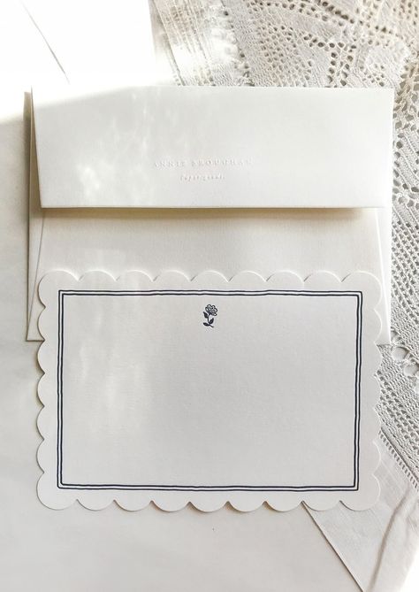 Includes Single card with envelope Size 5.75" x 4" Style Flat card Origin United Kingdom French Linens, Writing Materials, Projets Cricut, Stationary Cards, Folk Embroidery, Envelope Design, Wedding Stationary, 로고 디자인, Scalloped Edge