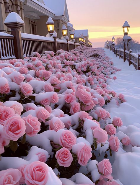 Frozen Rose Aesthetic, Winter Rose Aesthetic, Winter Flowers Aesthetic, Roses In Snow, Flowers In Snow, Snowing Aesthetic Wallpaper, Frozen Roses, Pink Wallpaper Desktop, Pretty Flowers Pictures