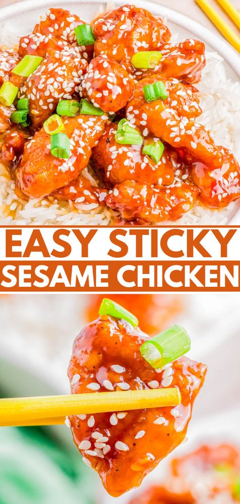 Sticky Sesame Chicken - 🧡🥢 Better-than-takeout sticky chicken at home in 20 minutes! This is a FAST and extremely EASY recipe for breaded chicken that's coated in the best homemade sticky sweet sauce which is made to be sopped up with rice on the side! A great no-fuss weekday dinner recipe that the whole family will LOVE!'s coated in the best homemade sticky sweet sauce which is made to be sopped up with rice on the side! A great no-fuss weekday dinner recipe that the whole family will LOVE! Sticky Sesame Chicken, Chicken And Green Bean, Green Bean Stir Fry, Bean Stir Fry, Easy Sesame Chicken, Fish Pasta, Sesame Chicken Recipe, Honey Sesame Chicken, Sticky Chicken