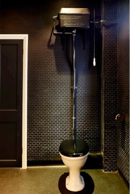 Tall tank Black Mosaic Tiles, Pull Chain Toilet, Antique Toilet, Black Toilet Seats, Black Mosaic Tile, Vintage Toilet, Black Mosaic, Black Toilet, Downstairs Toilet