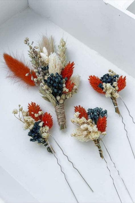 Dried flower hair pins + boutonniere for Rust and navy Blue wedding ceremony. Rust And Navy Blue Wedding, Navy Blue And Terracotta Wedding, Blue And Terracotta Wedding, Navy Blue Wedding Ceremony, Navy Blue And Terracotta, Blue Wedding Ceremony, Cornflower Blue Wedding, Terracotta Wedding Theme, Orange Boutonniere