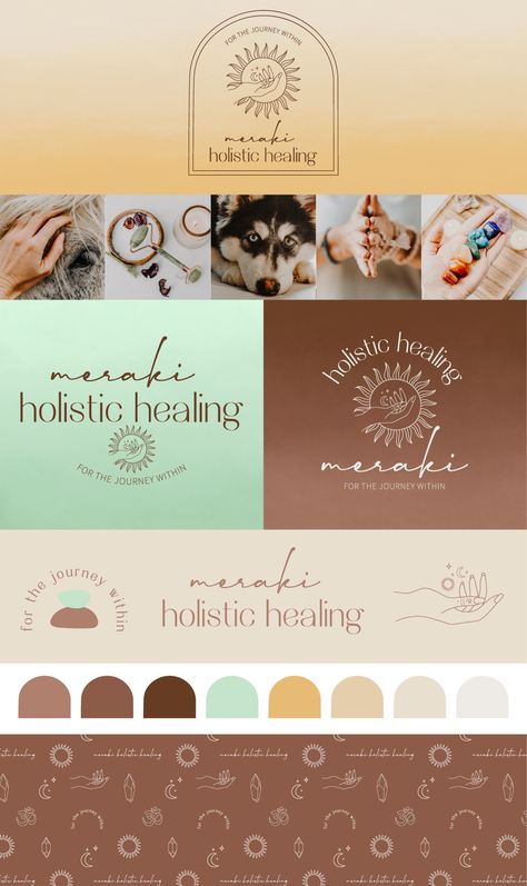 Branding inspiration for spiritual, holistic, yoga and wellness brand using a neutral branding colour palette with pops of mint and golden yellow, boho inspired branding concept with primary logo, secondary logos, brand mark design and a brand pattern, fun and organic colour palette, holistic branding concept with line drawings and a bohemian twist. If you're a small business in need of branding, get in touch! #branddesign #brandidentity #logoinspiration #holisticlogoconcept Boho Colour Palette Bohemian, Holistic Logos Inspiration, Spiritual Branding Design, Wellness Color Palette, Holistic Logo Design, Boho Branding Inspiration, Spiritual Logo Design, Branding Colour Palette, Logo Pattern Design