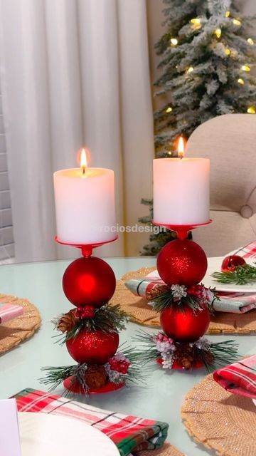 Small Christmas Village Display, Small Christmas Village, Bauble Designs, Gala Centerpieces, Christmas Candle Holders Diy, Christmas Candles Diy, Applique Christmas, Christmas Candlesticks, Christmas Decorations Diy Crafts