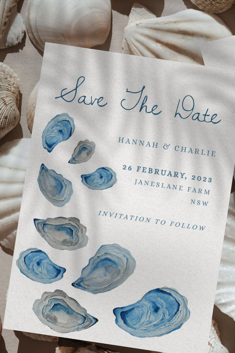 Oyster Trio Invitation Template, Hand Painted Watercolour Wedding Invite / Save the date Invite, Digital Template Printable, aesthetic ocean Wedding Invitations Beach, Wedding Invitations Aesthetic, Beachy Wedding Invites, Oyster Invitation Weddings, Oyster Save The Date, Oyster Wedding Invitations, Save The Date Ideas Beach, Coastal Save The Date Ideas, Coastal Save The Date