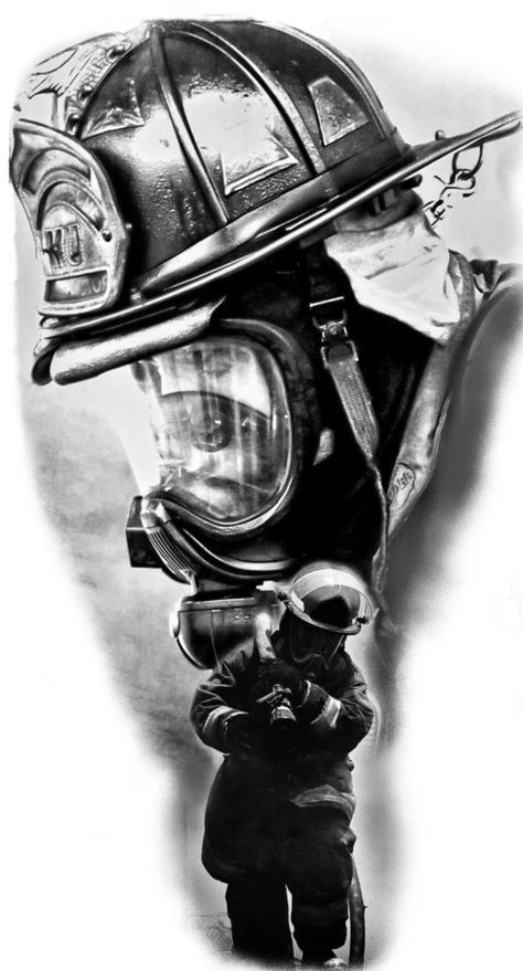 Firefighter Tattoo Ideas, Firefighter Tattoo Sleeve, Fireman Tattoo, Helm Tattoo, Firefighter Drawing, Fireman Art, Gas Mask Tattoo, Firefighter Photography, Fighter Tattoo