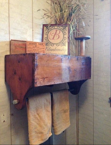 Wooden Tool Box, Diy Towel Rack, Wooden Tool Boxes, Diy Towels, Extra Shelf, Hanging Shelf, Primitive Decorating Country, Repurposed Furniture, Old Wood