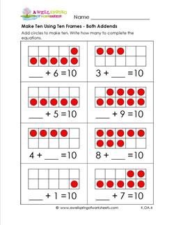 Making 10 is fun when you can make circles & color them in! Write the number of circles colored in the missing addend to complete each equation. Kindergarden Math, German Worksheets, Bridges Math, Ten Frames Kindergarten, Make Ten, Centers Kindergarten, Math Addition Worksheets, Daily Five, Learning German