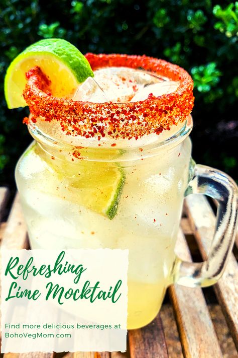 Perfect summer beverage. Fresh lime flavor with a kick from the Tajin rim. #momapproved #mocktails #summercocktails Cocktails With Tajin Rim, Vegan Tajin Recipes, Mocktail With Tajin, Tajin Recipes Drink, Tajin Rimmed Drinks, Tajin Drink Recipes, Drinks With Tajin Rim, Tajin Drinks, Tajin Recipes