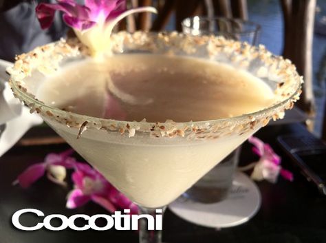 Cocotini - Drink Recipe Cocotini Drink, Coconut Martini, Best Mixed Drinks, Coconut Shavings, Cocktail And Mocktail, Fancy Cocktails, Christmas Brunch, Whiskey Cocktails, Coconut Rum