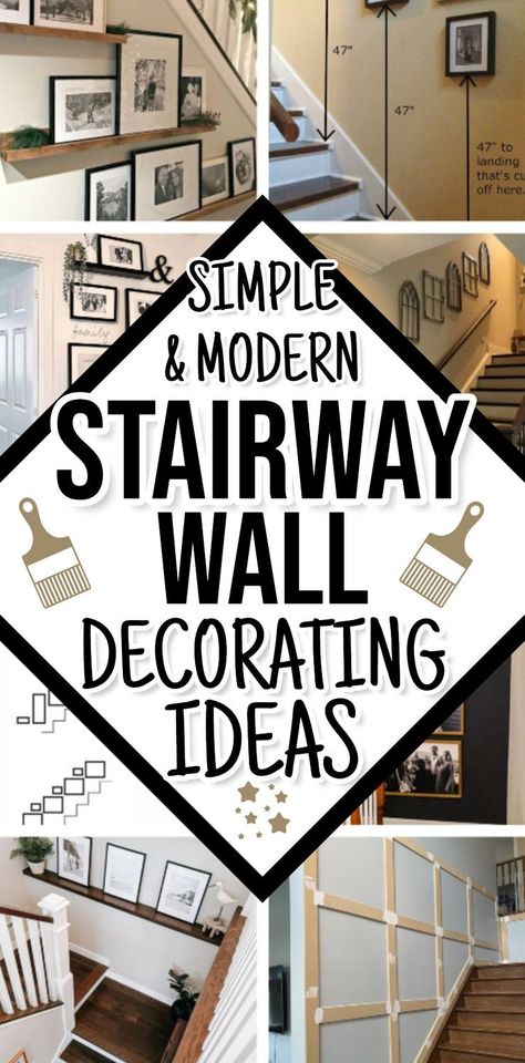 Beautiful ideas to transform your stairway wall in a simple modern decor style! From gallery walls, family picture walls, floating shelves, mirrors, paint, board and batten, and much more! If you DIY decorating projects to update your home, you will LOVE these ideas! Entry Stairway Wall Ideas, Downstairs Wall Ideas, Going Upstairs Wall Decor, Simple Staircase Wall Design, Landing On Stairs Decor, Creative Stairway Ideas, Wall Of Stairs Decor, Decor For Basement Stairwell, Stair Landing Corner Decor