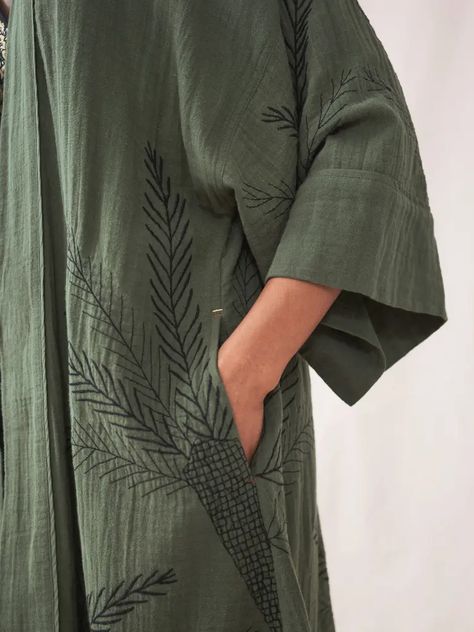 Kaylee Embroidered Kimono (Mid Green) | White Stuff Embroidered Kimono, Long Linen Dress, Make Waves, Cotton Kimono, White Stuff, Boys Accessories, Back Women, Pool Deck, Kimono Dress