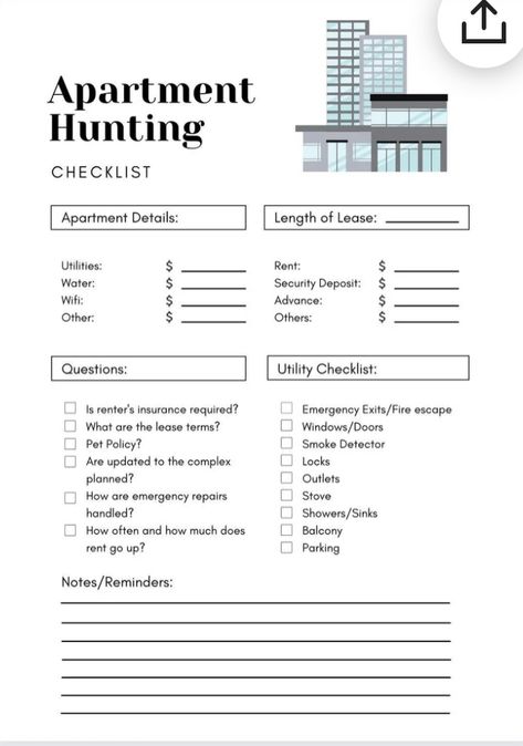 Apartment Hunting Checklist, Moving Out Checklist, Hunting Checklist, House Hunting Checklist, New Home Checklist, First Apartment Checklist, Apartment Needs, Apartment Hunting, Apartment Checklist