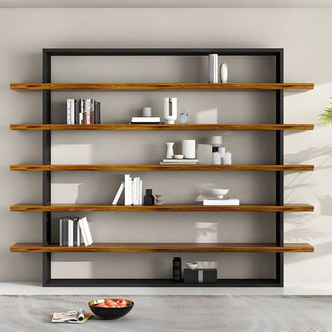 Industrial Etagere Bookcase with Metal Frame and Wood Shelves - 47"L x 13"W x 83"H Normal Thickness Minimal Bookshelf, Bookshelf Home, Library Wall, Wood Bookshelves, Modern Bookcase, Etagere Bookcase, Vertical Frames, Upholstered Fabric, Fabric Bins