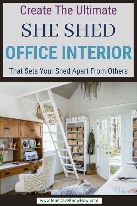 Home Office Shed Interior, She Shed Interior Work Spaces, She Shed Office Interior, She Shed Loft, She Shed Office Work Spaces, Shed Loft Ideas, She Shed With Loft, Shed Office Interior, She Shed Office Ideas