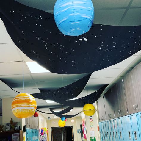 Outer Space Classroom Transformation Vbs 2023 Stellar, Space Classroom Decor, Space Classroom Theme, Outer Space Classroom, Stellar Vbs 2023, Vbs Stellar, Space Themed Classroom, Outer Space Room, Vbs Space