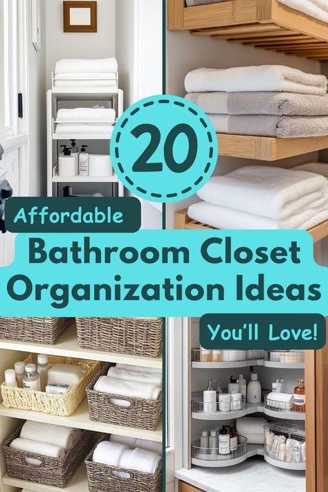 Get your bathroom closet under control without breaking the bank. These affordable storage ideas will make finding your essentials quick and easy every day! #BathroomOrganization #ClosetStorage #BudgetFriendly #HomeOrganization #DeclutterTips Organize Bathroom Closet Small Spaces, Deep Bathroom Closet Organization Ideas, Organization Ideas For Bathroom Cabinets, Open Closet Ideas Bathroom, Bathroom Closet Storage Ideas, Deep Bathroom Closet, Bathroom Closet Shelving Ideas, Master Bath Storage Ideas, Bathroom Closet Shelves